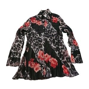 Romantic Goth Crinkle Long Sleeve Top Black Paisley Red Roses Pleated Chiffon XL